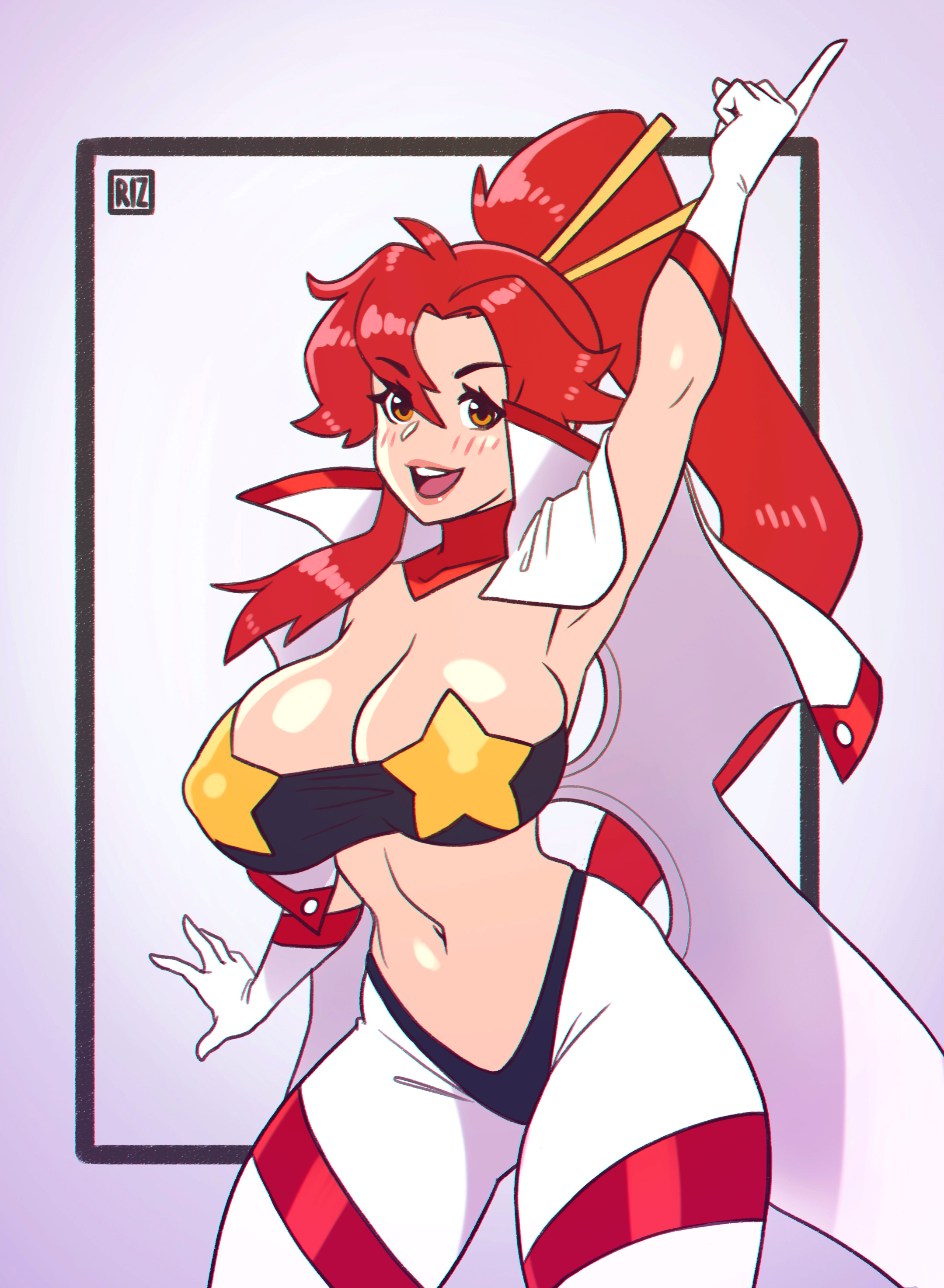 1girls, big breasts, breasts, cleavage, female, female focus, female only, gloves, human, human only, large breasts, long hair, navel, nipples, nipples visible through clothing, ponytail, red hair, rizdraws, smile, solo, solo female, solo focus, source request, space yoko, standing, tengen toppa gurren lagann, thick thighs, white gloves, year request, yoko littner