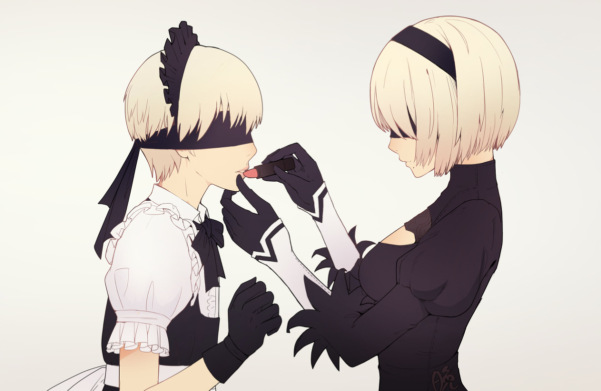 1boy, 1girls, applying lipstick, blindfold, crossdressing, female, feminization, maid uniform, male, nier: automata, white hair, wholesome, yorha 2b, yorha 9s
