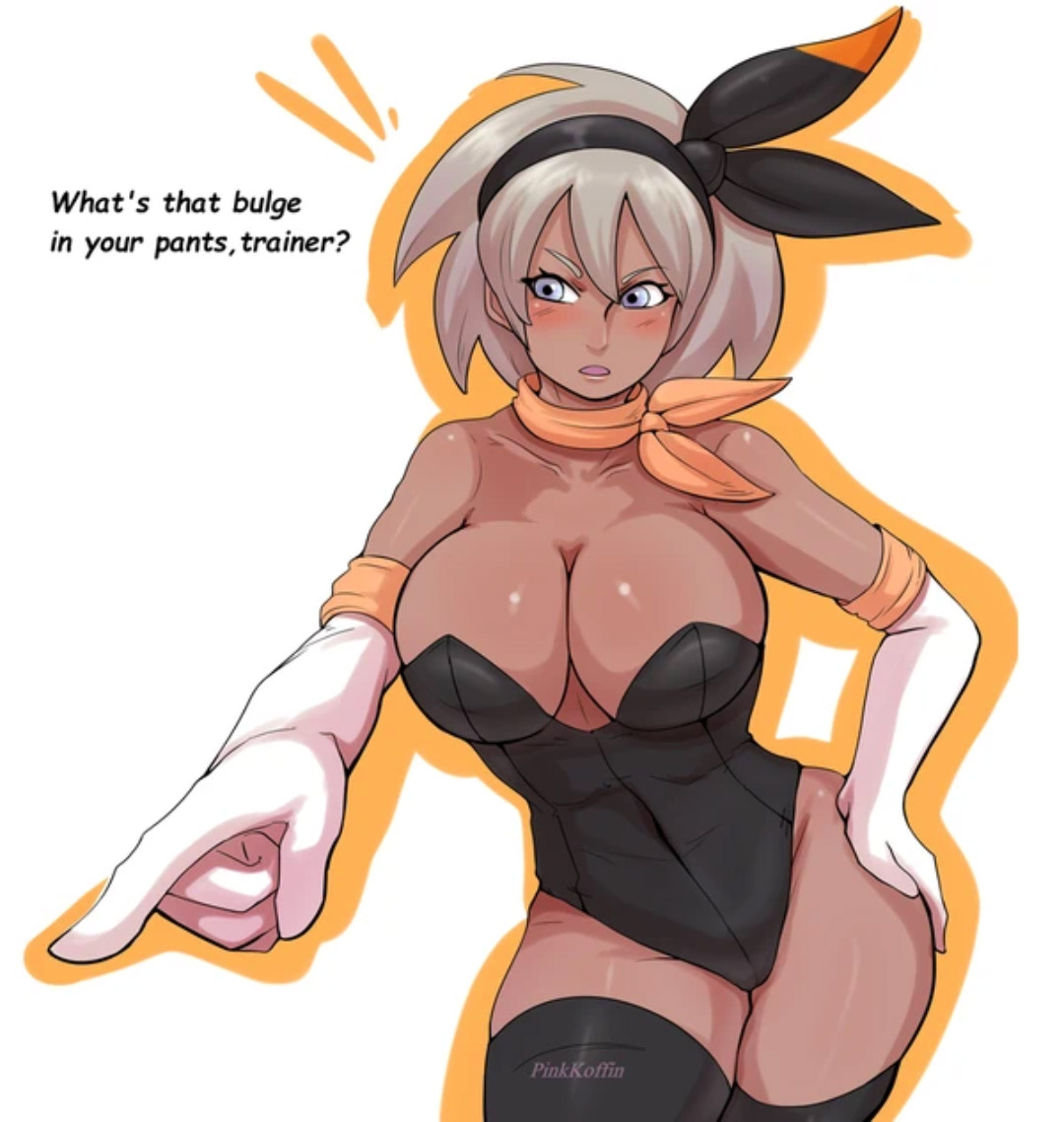 1girls, alternate breast size, bea (pokemon), big breasts, breasts, cleavage, dark skin, dark-skinned female, female, female only, grey hair, human, nintendo, pinkkoffin, pokemon, pokemon ss, pokemon trainer, short hair, solo, source request, text, thick thighs, thighs, video games, watermark