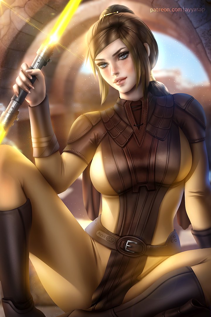 1girls, 2d, 2d (artwork), artist name, ayyasap, bastila shan, big breasts, breasts, brown hair, double bladed lightsaber, dual-bladed lightsaber, female, female only, heroine, human, human only, jedi, knights of the old republic, knights of the old republic (series), lightsaber, long hair, looking at viewer, lucasfilm, melee weapon, patreon, questionable, sfw, solo, solo female, solo focus, star wars, tied hair, weapon, yellow lightsaber