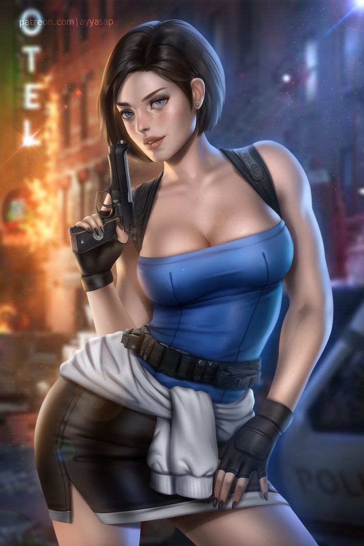 1girls, ayyasap, big breasts, blue eyes, breasts, brown hair, capcom, clothed female, female, female only, firearm, gun, human, jill valentine, jill valentine (julia voth), resident evil, resident evil 3, short hair, solo, solo female, solo focus, tubetop, weapon