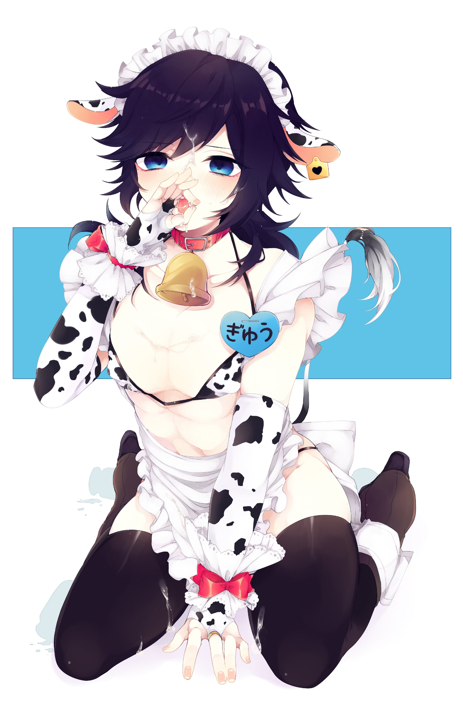 alternate costume, animal ears, apron, bikini top, black hair, black legwear, black thighhighs, blue eyes, bridal gauntlets, collar, cow bikini, cow boy, cow ears, cow print, cow print armwear, cow tail, cowbell, crossdressing, demon slayer, elbow gloves, fellatio gesture, femboy, fingerless gloves, frills, full body, girly, kemonomimi, kimetsu no yaiba, light skin, light-skinned male, maid headdress, male, male only, name tag, pale skin, pale-skinned male, solo, thick thighs, thighhighs, tomioka giyuu, trap, twink, wariza, wrist cuffs, zettai ryouiki