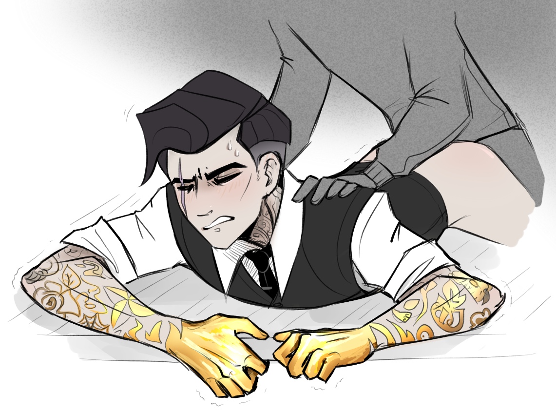 2boys, anal, artist request, bent over, black hair, blush, bottomless, clenched teeth, eyes closed, fortnite, gay, grabbing, gradient background, male, male only, midas (fortnite), oc, partially clothed, scar, shaking, sweat, tagme, tattoos, white background