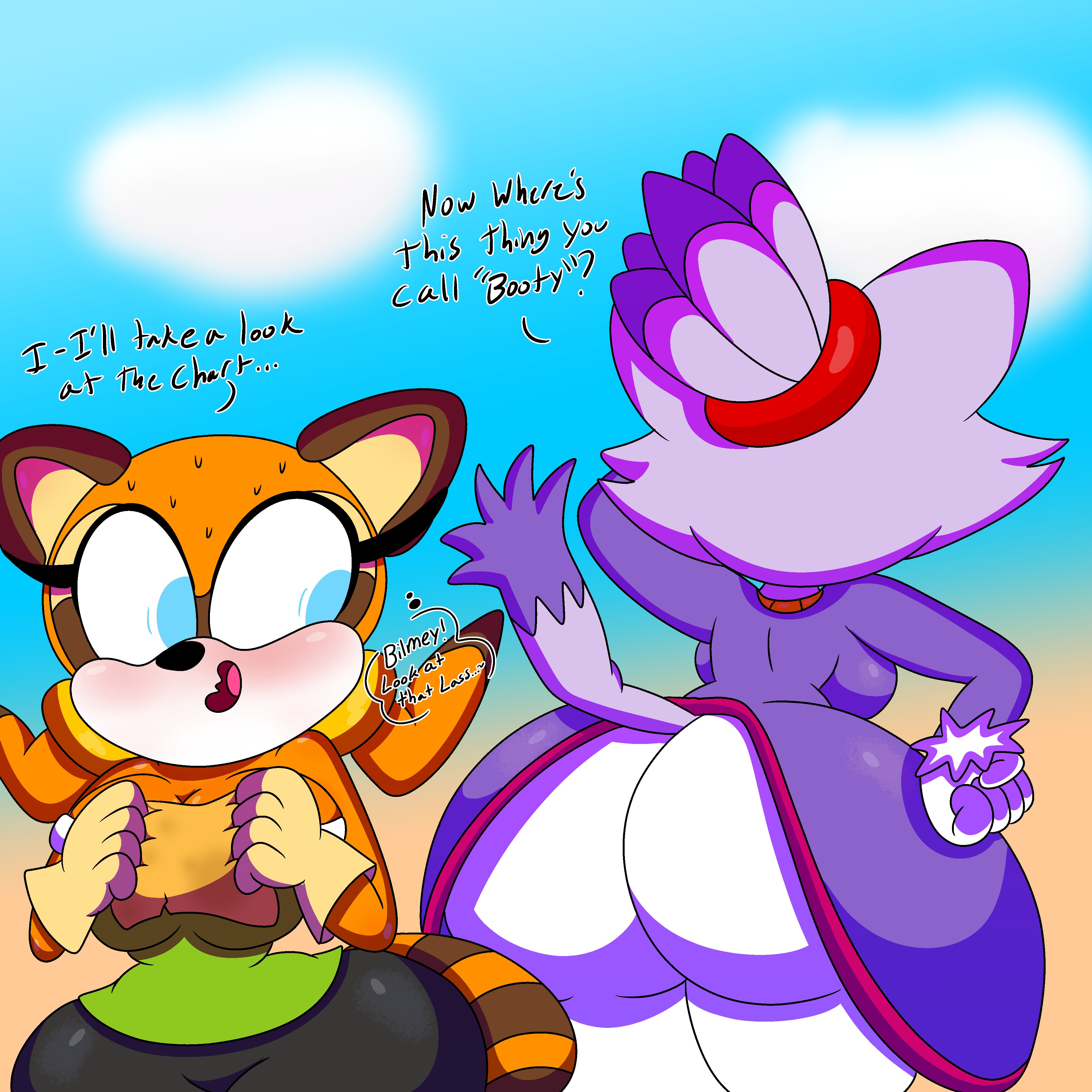 2girls, 3barts, admiring, aroused, ass, ass awe, ass focus, beach, big ass, big breasts, big butt, bimbo, blaze the cat, blushing, bottom heavy, breasts, cat, cat ears, cat girl, cat tail, cat whiskers, catgirl, clothing, embarrassed, female, female only, furry, highres, huge ass, hyper ass, imminent sex, large ass, looking at ass, marine the raccoon, oblivious, orange fur, princess, purple fur, raccoon, royal, royalty, sega, shortstack, sonic (series), sonic rush adventure, sonic the hedgehog (series), text, yuri
