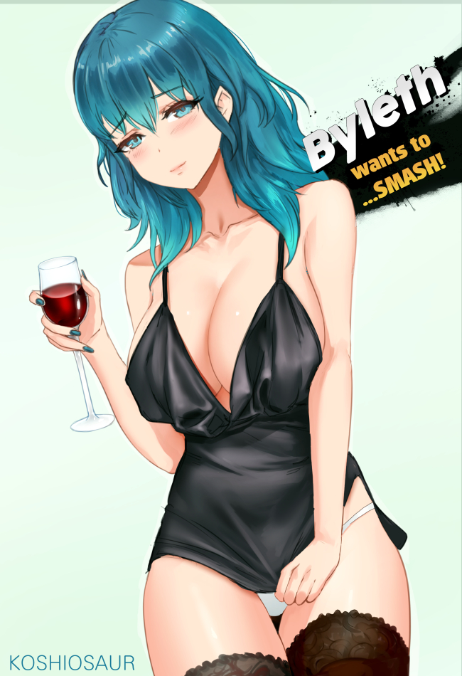 alternate costume, big breasts, blue eyes, blue hair, breasts, byleth (fire emblem), byleth (fire emblem) (female), covering, covering crotch, drunk, english text, female, female only, fire emblem, fire emblem: three houses, glass, huge breasts, koshiosaur, large breasts, long hair, nintendo, panties, pantyshot, pantyshot (standing), smile, solo, solo female, stockings, super smash bros., teacher, text, upskirt, white panties, wine, wine glass