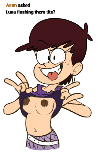 1girls breasts brown_hair brown_nipples dark_areola dark_nipples female female_only happy_female luna_loud mannysdirt nickelodeon nipples no_bra shirt_lift solo straight_hair the_loud_house