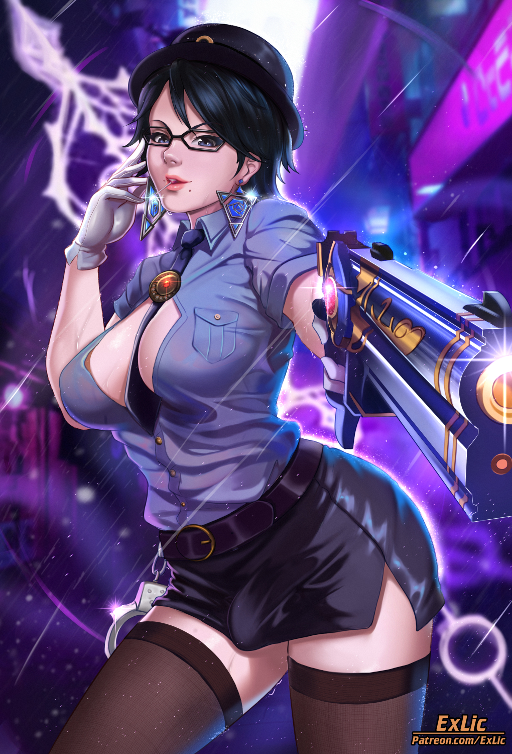 1futa, bayonetta, bayonetta (character), big breasts, breasts, bulge, cleavage, dickgirl, erection under clothes, exlic, firearm, futa only, futanari, handgun, intersex, large breasts, looking at viewer, penis, penis under clothes, police, police uniform, solo, solo futa, thighhighs, weapon