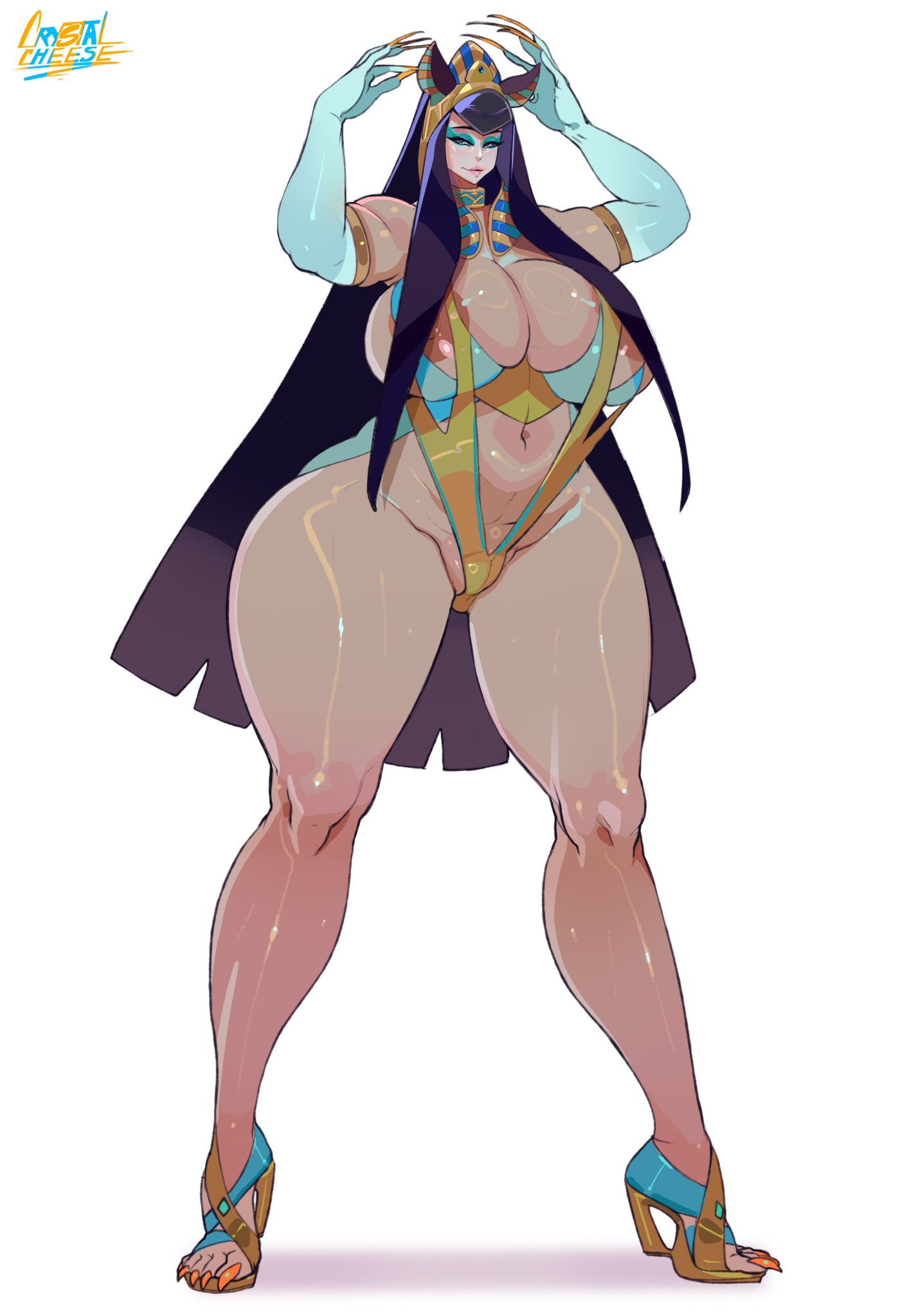 1girls, 2d, ass, bastet, big ass, black hair, breasts, crown, crystalcheese, egyptian mythology, exposed breasts, exposed nipples, eyeshadow, female, gloves, high heels, large breasts, leotard, long gloves, long toenails, looking at viewer, makeup, necklace, nipples visible through clothing, sharp claws, sharp nails, sharp toenails, solo, tagme, thick thighs, toenail polish, toenails, toes, wide hips