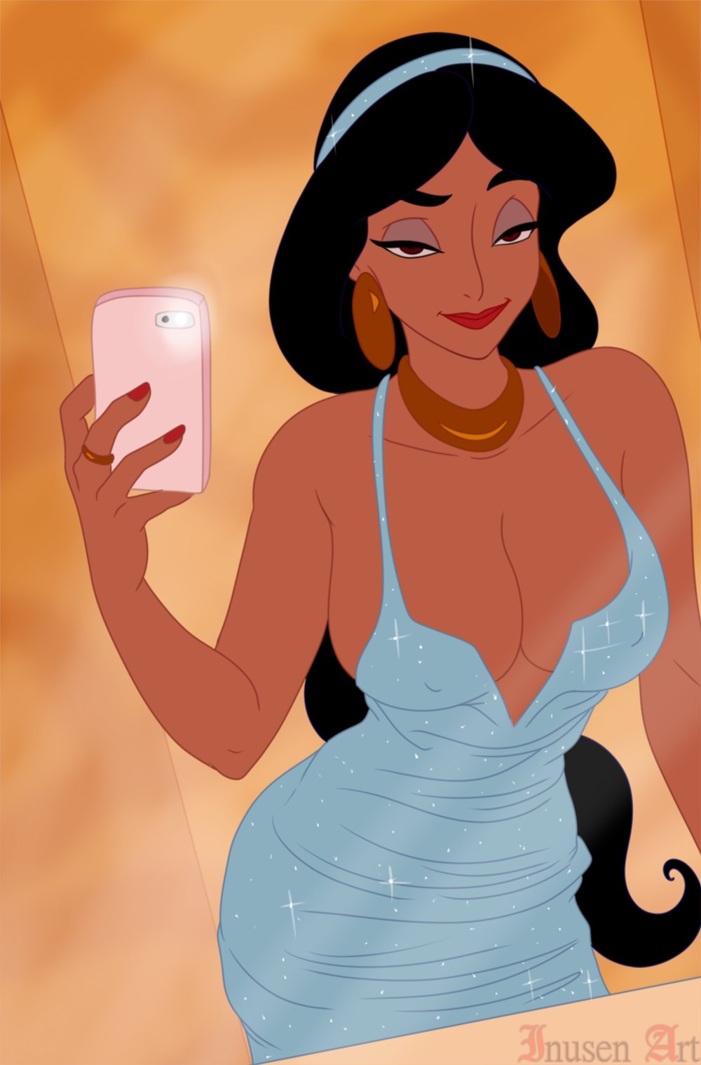 aladdin, big breasts, black hair, blue dress, breasts, confident, disney, disney princess, earrings, female, female only, inusen, long hair, nipple bulge, princess jasmine, royalty, selfie, showing off, skimpy, solo