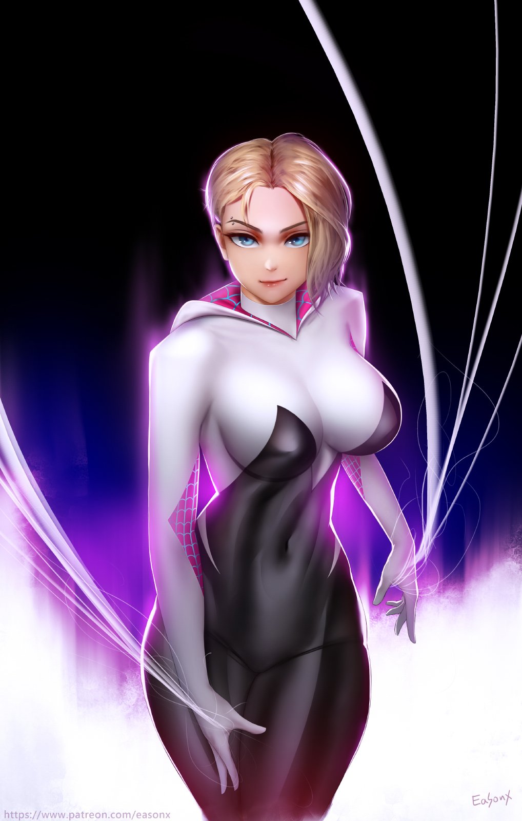 big breasts, blonde hair, blue eyes, breasts, costume, easonx, eyebrow piercing, female, female only, gwen stacy, gwen stacy (spider-verse), marvel, marvel comics, nipples, nipples visible through clothing, short hair, smile, solo, solo female, solo focus, spider-gwen, spider-man (series), spider-man: into the spider-verse, superheroine, thick thighs, thunder thighs