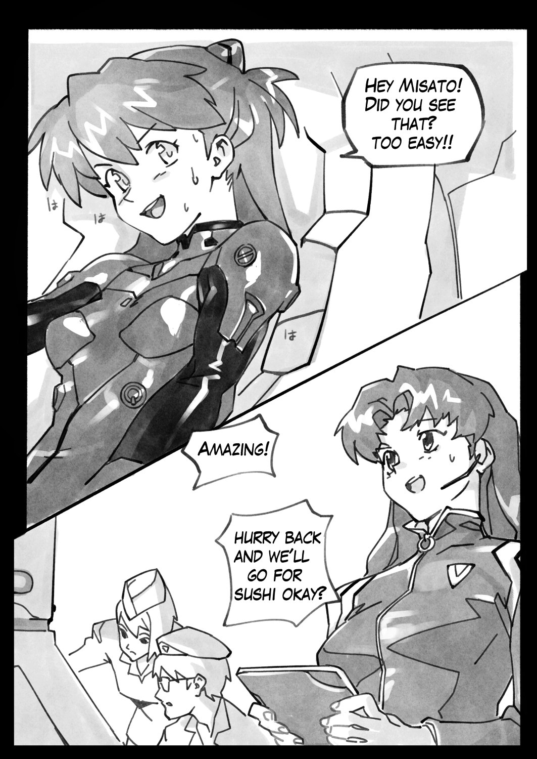 asuka langley sohryu, bodysuit, clothing, cockpit, comic, comic page, dialogue, english text, female, female focus, mass production eva, misato katsuragi, monochrome, monster rape, neon genesis evangelion, optionaltypo, pilot suit, plugsuit, speech bubble, text
