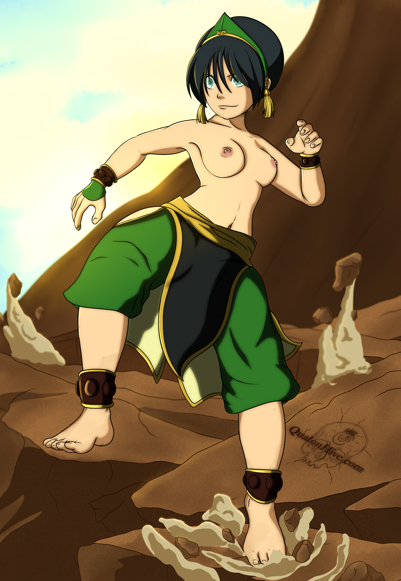 1girls, action pose, aged up, anklet, anklets, areolae, armpit stubble, athletic, avatar the last airbender, bare shoulders, barefoot, biceps, black hair, blind, bracelet, breasts, clothing, earthbending, eyelashes, feet, female, female focus, female only, fighting stance, fit, fit female, hair accessory, hairband, hairbun, loincloth, long hair, medium breasts, navel, nickelodeon, nipples, pinup, pose, posing, qualonhive, shortstack, solo, straight hair, thick thighs, tied hair, toph bei fong, topless