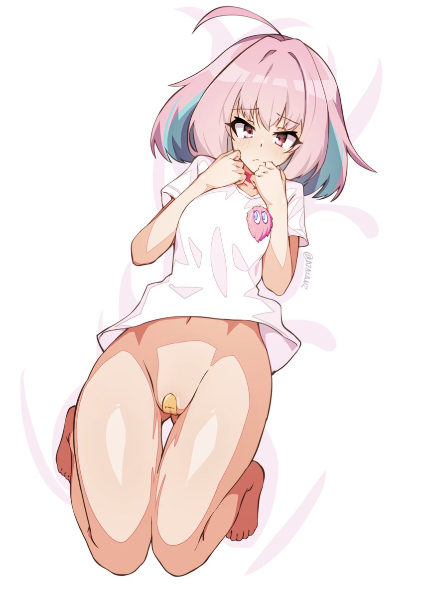 bandaid bandaid_on_pussy blush bottomless eyebrows_visible_through_hair female frown idolmaster idolmaster_cinderella_girls multicolored_hair pink_eyes pussy solo thigh_gap tilt-shift tilt-shift_(azalanz) uncensored white_shirt yumemi_riamu