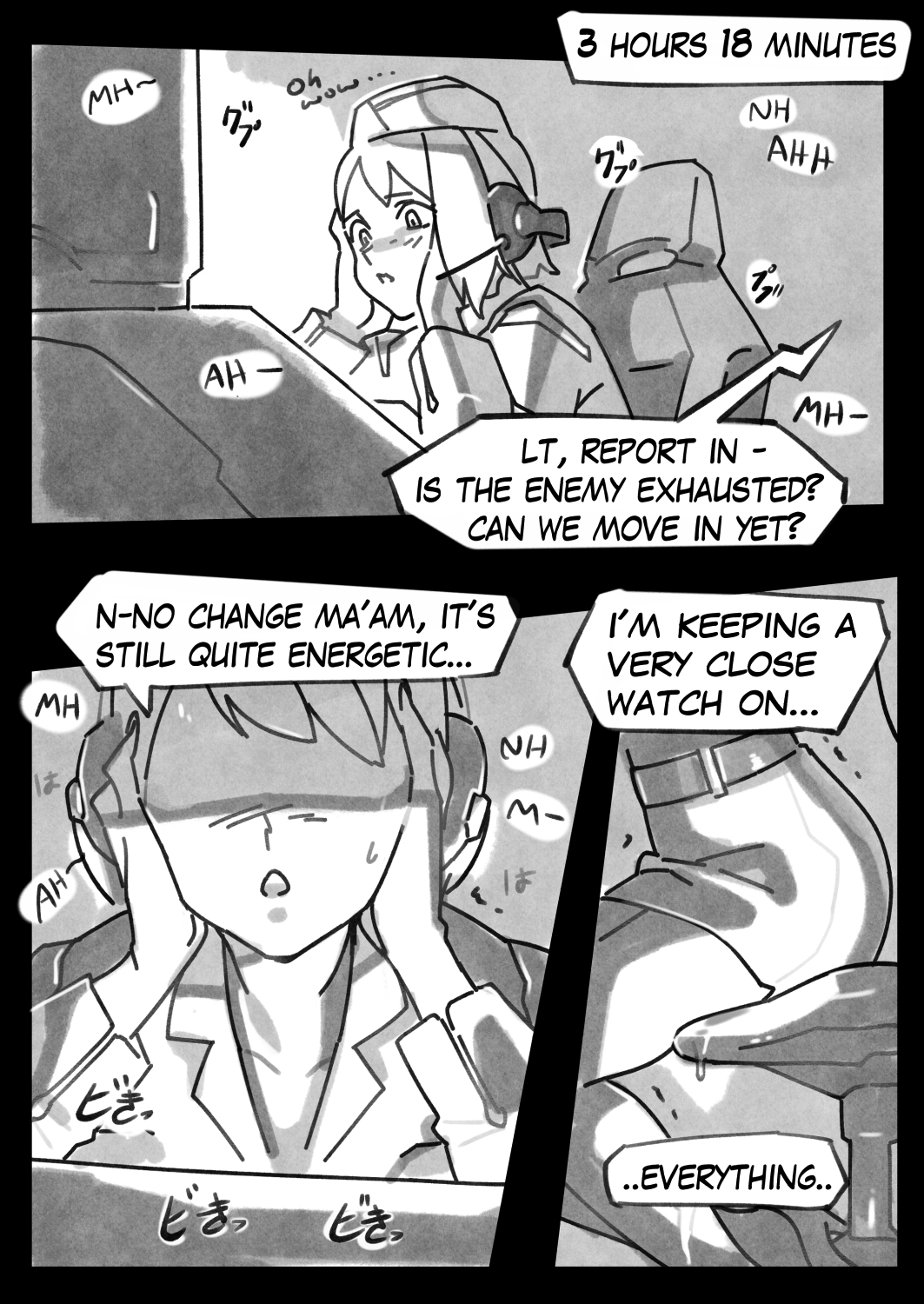black and white, clothing, comic, comic page, english text, female, female focus, female human, human, misato katsuragi, monster rape, neon genesis evangelion, optionaltypo, pussy, pussy juice, speech bubble, text, text focus, watching, wet, wet clothes, wet clothing, wet pussy