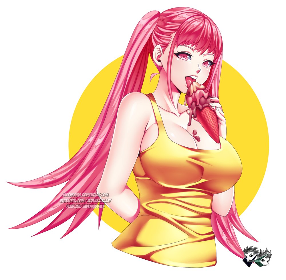 1girls, breasts, clothed female, female, female only, fire emblem, fire emblem: three houses, hilda valentine goneril, ice cream, jadenkaiba, large breasts, long hair, nintendo, pink eyes, pink hair, solo, twintails