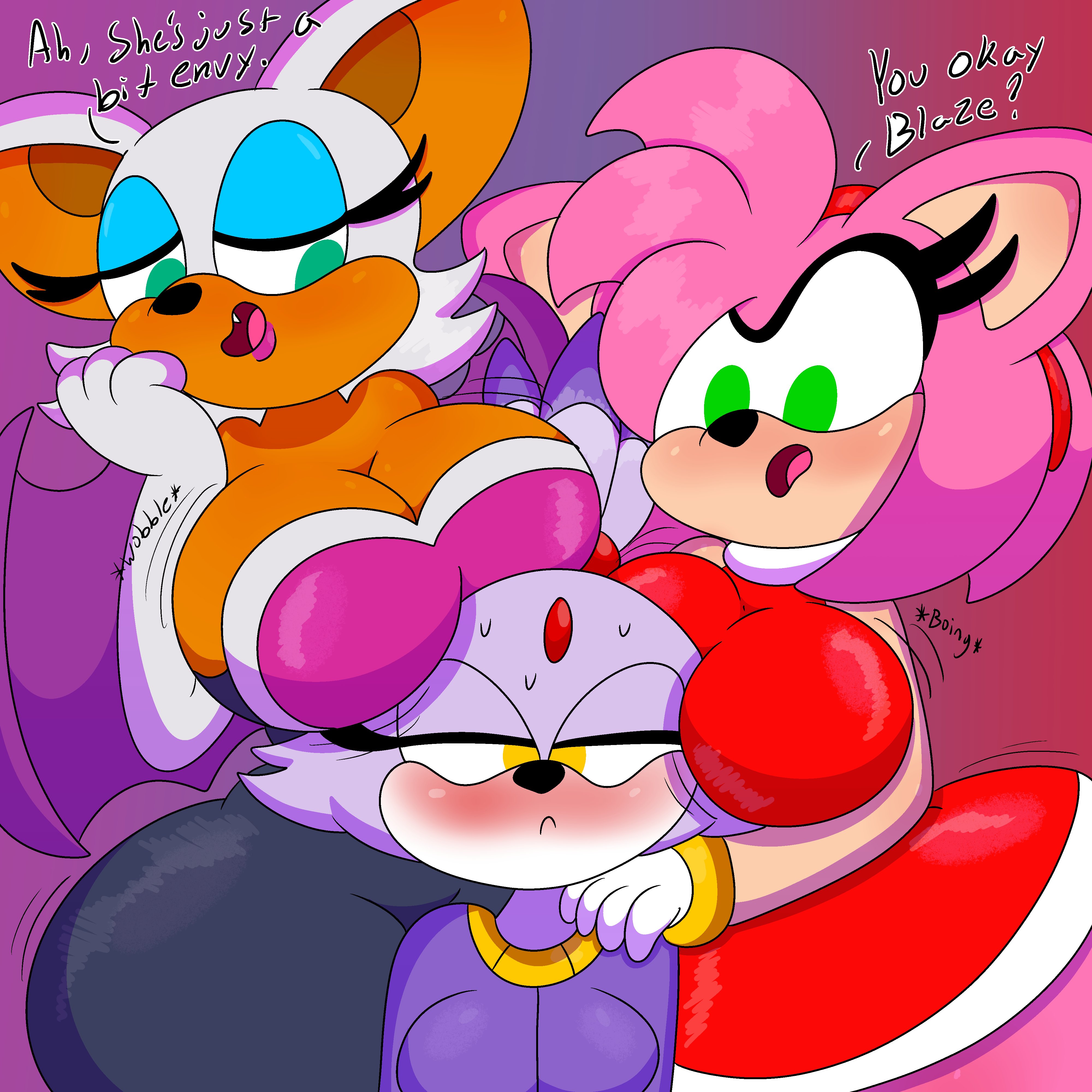 3barts, 3girls, amy rose, anthro, bat, big breasts, bimbo, blaze the cat, blue eyeshadow, blushing, breast envy, breast jiggle, breasts, breasts on face, breasts on head, cat girl, catgirl, cleavage, clothing, female, female only, furry, highres, huge breasts, jealous, large breasts, motion lines, pink fur, purple fur, rouge the bat, sega, shortstack, sonic (series), sonic the hedgehog (series), tan, teasing, yuri