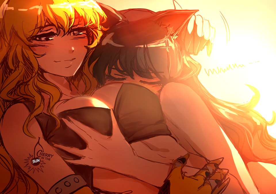 2girls, animal ears, animal humanoid, blake belladonna, blonde hair, blush, breast grab, breast squeeze, breasts, brown hair, canon couple, cat ears, cat humanoid, cherryinthesun, cuddling, duo, embrace, feline humanoid, female, female only, human, large breasts, multiple females, multiple girls, prosthetic, prosthetic arm, robotic arm, romantic, rwby, smile, sports bra, wholesome, yang xiao long, yuri
