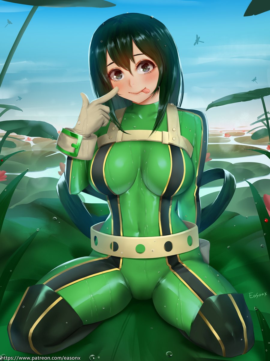 1girls, abs, alternate breast size, big breasts, black eyes, bodysuit, breasts, clothed, clothed female, clothes, easonx, female, female only, gloves, green hair, green-haired female, hair between eyes, hero outfit (mha), kneeling, light skin, light-skinned female, lily pad, long hair, my hero academia, outdoors, patreon, pond, pose, smile, solo, solo female, source request, text, thighhighs, tsuyu asui, url, watermark, wet