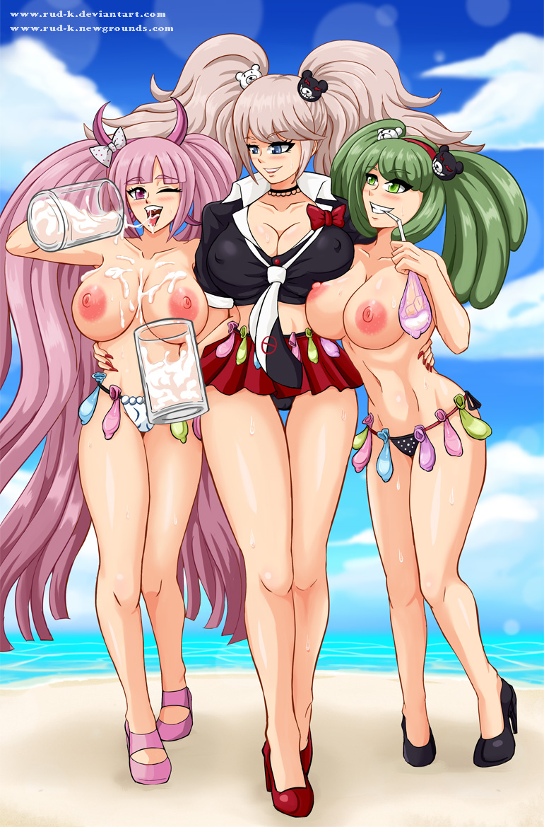 3girls after_sex aged_up cum cum_drinking cum_in_container danganronpa danganronpa_(series) green_hair huge_breasts junko_enoshima long_legs multiple_girls panties pink_hair rud-k straight_hair towa_monaca utsugi_kotoko