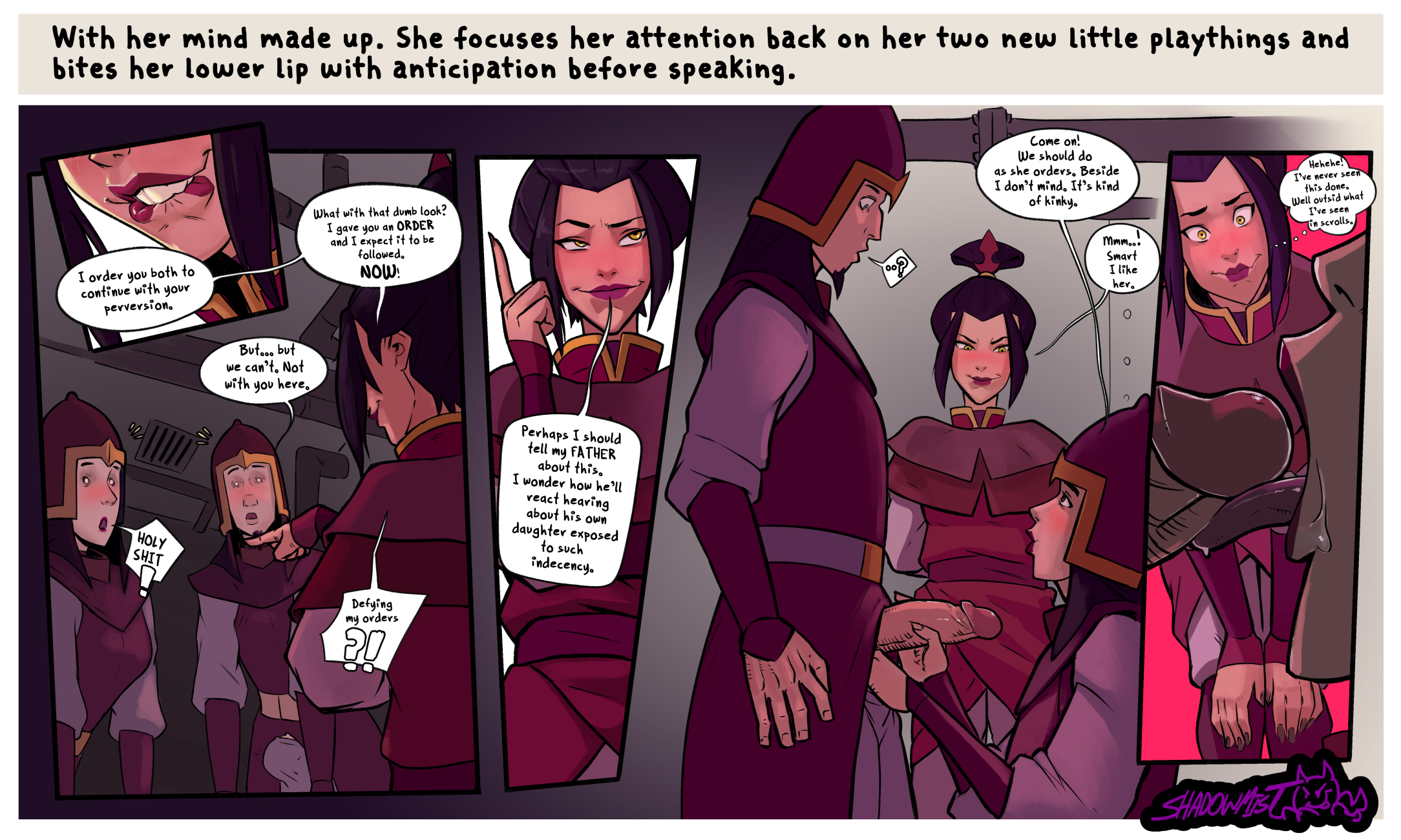 1boy, 2girls, avatar the last airbender, azula, black hair, blush, clothing, comic, cuckquean, erection, fellatio, female, male, misspelling, oral, penis, shadowmist, speech bubble, straight, text, voyeur