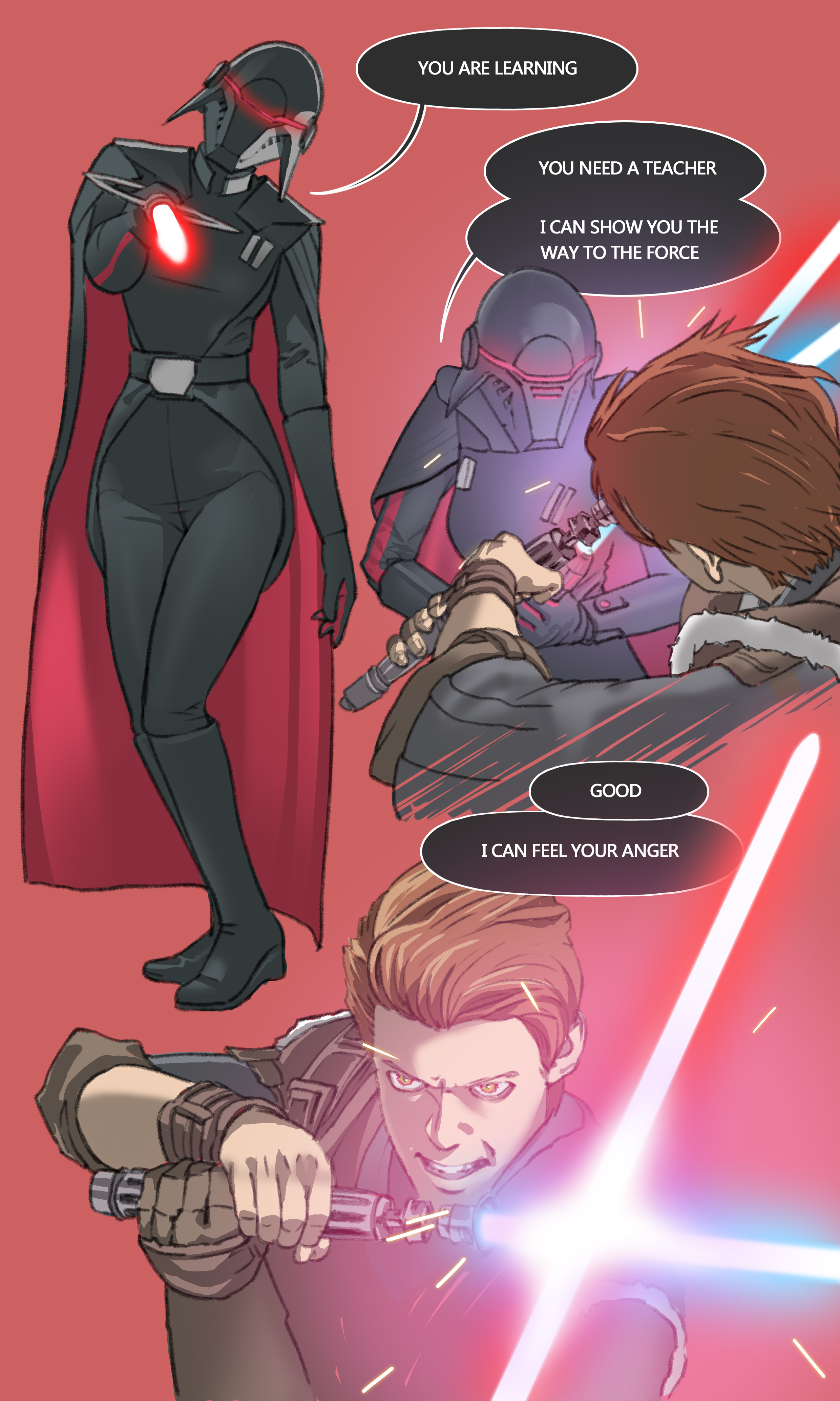 1boy, 1girls, alex orange, blue lightsaber, cal kestis, clothed, english text, female, female focus, helmet, inquisitor (star wars), jedi, jedi: fallen order, lightsaber, male, male/female, red lightsaber, sci-fi, science fiction, scifi, second sister, star wars, trilla suduri, yellow eyes