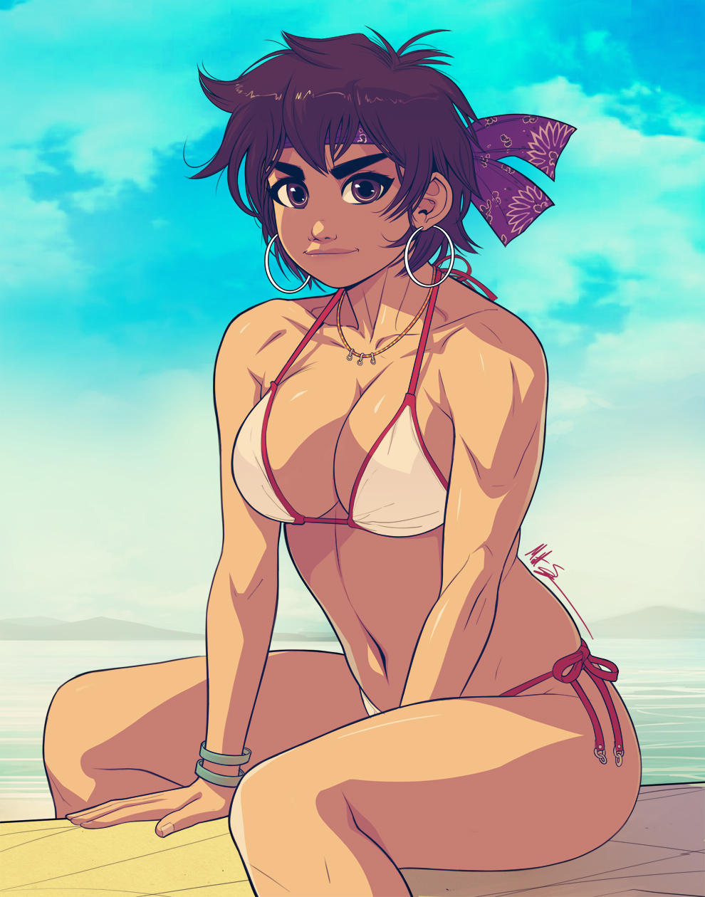 1girls, athletic, beach, big breasts, bikini, bracelet, breasts, brown eyes, brown hair, busty, capcom, cleavage, clothed, clothed female, clothes, clothing, earrings, eyelashes, female, female focus, female only, fit, fit female, headband, hoop earrings, hourglass figure, human, human only, looking at viewer, msperoni, navel, necklace, pinup, pose, posing, sakura kasugano, sea, seaside, short hair, side-tie bikini, signature, sitting, solo, street fighter, swimsuit, tagme, toned, toned female, triplexmile, uncensored, wide hips