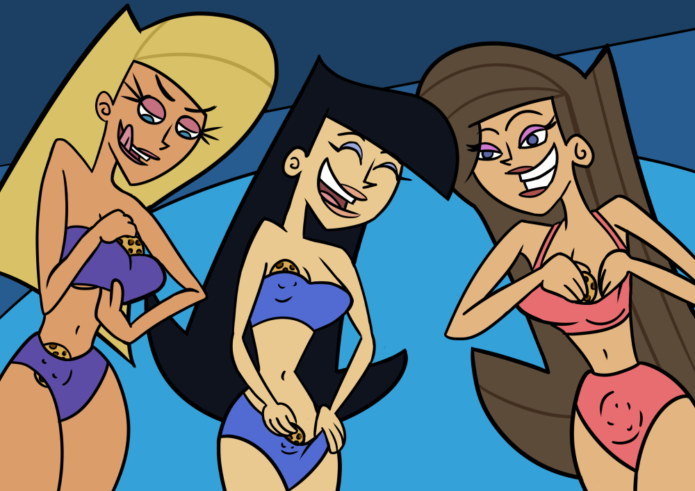 3girls asian bikini bikini_bottom bikini_top black_hair blonde_hair blue_eyes blue_eyeshadow breasts brown_hair closed_eyes cookie cookies eyeshadow female food lipstick model models nickelodeon open_mouth pink_eyeshadow straight_hair super_model supermodel the_fairly_oddparents