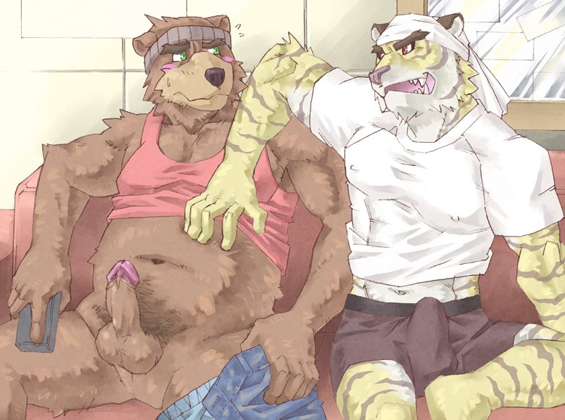 2006 2boys anthro belly blush bulge clothing duo erection erection_under_clothes erection_under_clothing felid gay humanoid_hands kemono male male/male male_only mammal muscular navel pantherine ryuta-h shirt sitting slightly_chubby tiger topwear underwear ursid yaoi