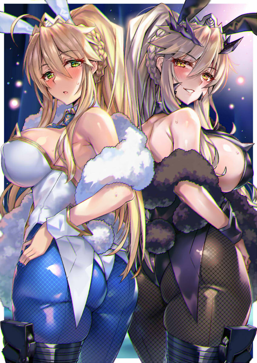 2girls, artoria pendragon, artoria pendragon (lancer alter), artoria pendragon (lancer), artoria pendragon (swimsuit ruler), blonde hair, blush, breasts, bunny ears, bunny girl, bunnysuit, embarrassed, fate (series), fate/grand order, female, female only, green eyes, large breasts, long hair, multiple females, multiple girls, nipples, nipples visible through clothing, pantyhose, ponytail, sironnkuronn, smile, yellow eyes