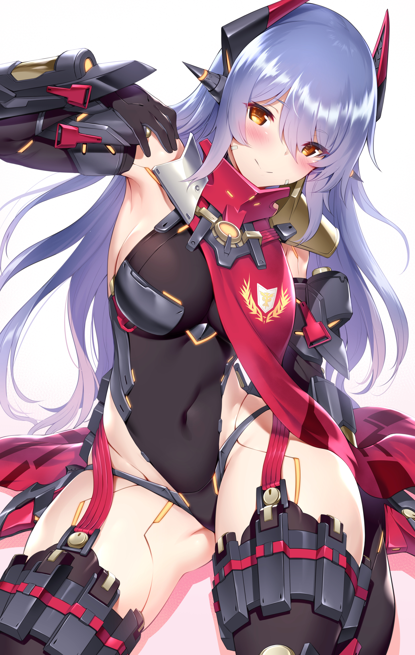 1girls, absurdres, android, ass visible through thighs, bangs, black gloves, black legwear, blue hair, blush, breasts, covered navel, cowboy shot, elbow gloves, eyebrows visible through hair, female, garter straps, gloves, gradient, gradient background, hair between eyes, headgear, highleg, highleg leotard, highres, large breasts, leotard, long hair, looking at viewer, m-da s-tarou, navel, nintendo, poppi (xenoblade), poppi qtpi (xenoblade), robot joints, scarf, simple background, sketch, smile, solo, solo female, spoilers, thighhighs, xenoblade (series), xenoblade chronicles 2, yellow eyes