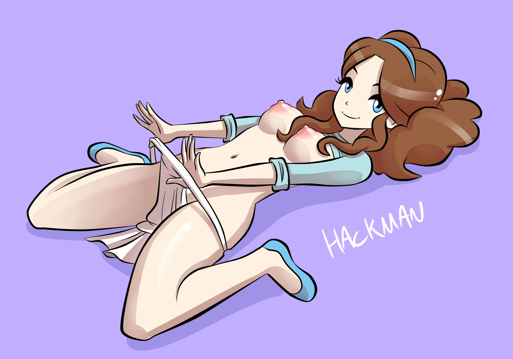 1girls, apron, belly, blue eyes, breasts, brown hair, clothes, clothing, erect nipples, eye contact, eyelashes, feet, female, hackman, hairband, hands, headband, holding, human, kneeling, large breasts, long hair, looking at viewer, mature female, milf, mother, mother (pokemon bw), navel, nintendo, nipples, on back, panties, partially clothed, pokemon, pokemon bw, purple background, shirt, shirt lift, shoes, smile, solo, spread legs, text, thick thighs, undressing, voluptuous, watermark