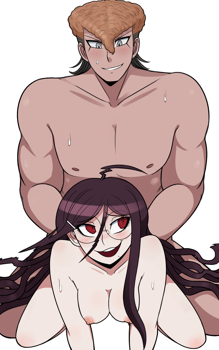 1boy 1girls abs beige_skin breasts danganronpa danganronpa:_trigger_happy_havoc danganronpa_ultra_despair_girls doggy_style flushed_face from_behind fukawa_touko glasses grinning hanging_breasts male_nipples mondo_oowada muscular muscular_male nude nude_female nude_male opeipiao pale-skinned_female pale_skin pink_nipples pompadour round_glasses smooth_skin straight sweat sweating white_background