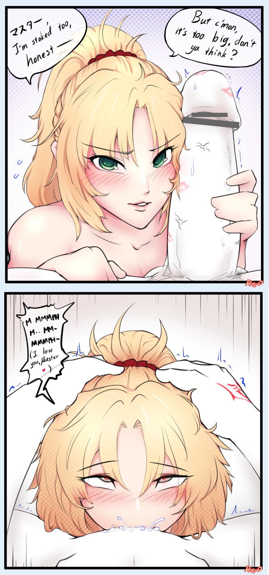 1boy, 1girls, big penis, blonde hair, blush, censored, comic, cum, cum in mouth, cum inside, deepthroat, dialogue, djayo, eyes rolling back, fate (series), fate/apocrypha, fate/grand order, female, green eyes, heart-shaped pupils, kiss mark, lipstick marks, lipstick on penis, male, mordred (fate), naughty face, partially colored, penis, penis awe, ponytail, pov