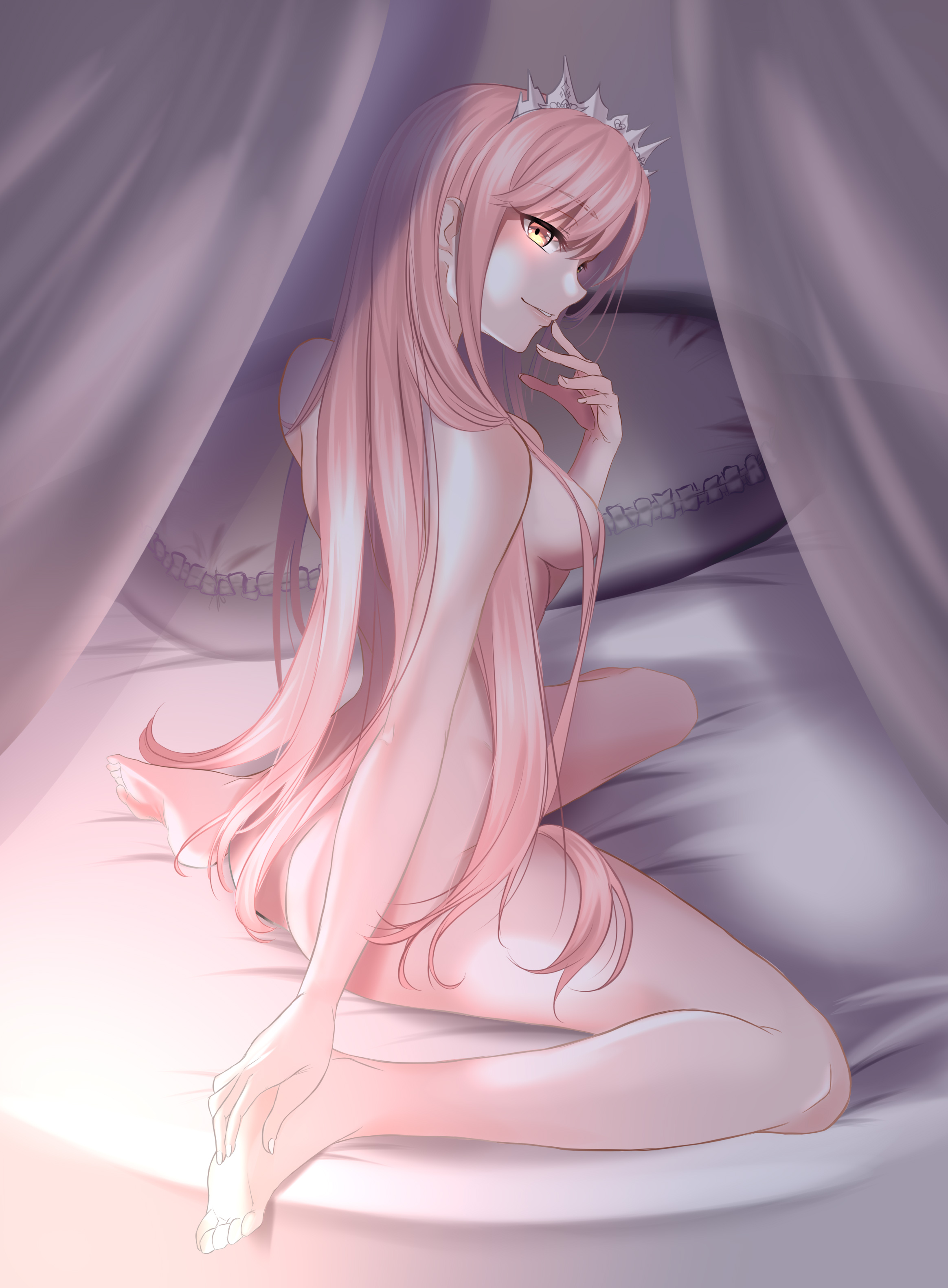 1girls, ass, breasts, crown, fate (series), fate/grand order, female, female ass, long hair, medb (fate), naked, nude, nude female, pink hair, queen, seductive, sideboob, solo, solo focus, yellow eyes, zasshu96
