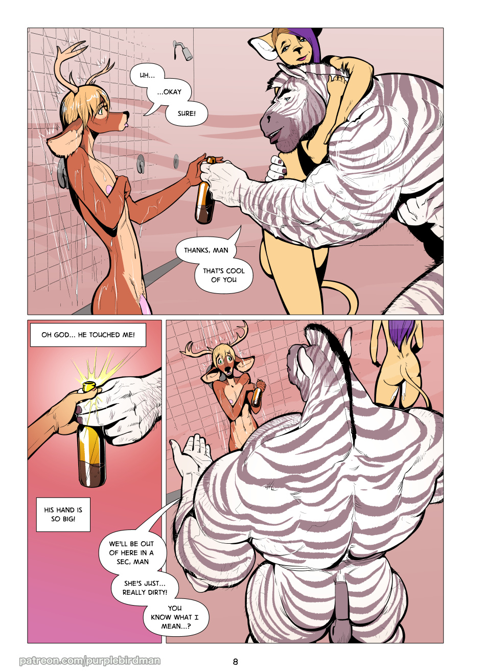 2019 5_fingers aaron_(falcon_mccooper) anthro arm_hair ass beard biceps biped bodily_fluids body_hair cass_(falcon_mccooper) cervid comic communal_shower cum cum_on_leg dialogue digital_media_(artwork) english_text equid equine facial_hair falcon_mccooper felid female fingers genital_fluids genitals girly group hi_res inside jesse_(falcon_mccooper) larger_male leg_hair lion male mammal manly muscular muscular_male muscular_thighs nipples nude pantherine penis showering size_difference smaller_female smaller_male snout speech_bubble text zebra