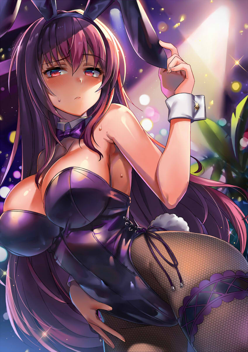 breasts, bunny ears, bunny girl, bunnysuit, embarrassed, fate (series), fate/grand order, female, female only, large breasts, long hair, nipples, nipples visible through clothing, pantyhose, purple hair, red eyes, scathach (fate), scathach (piercing bunny), sironnkuronn
