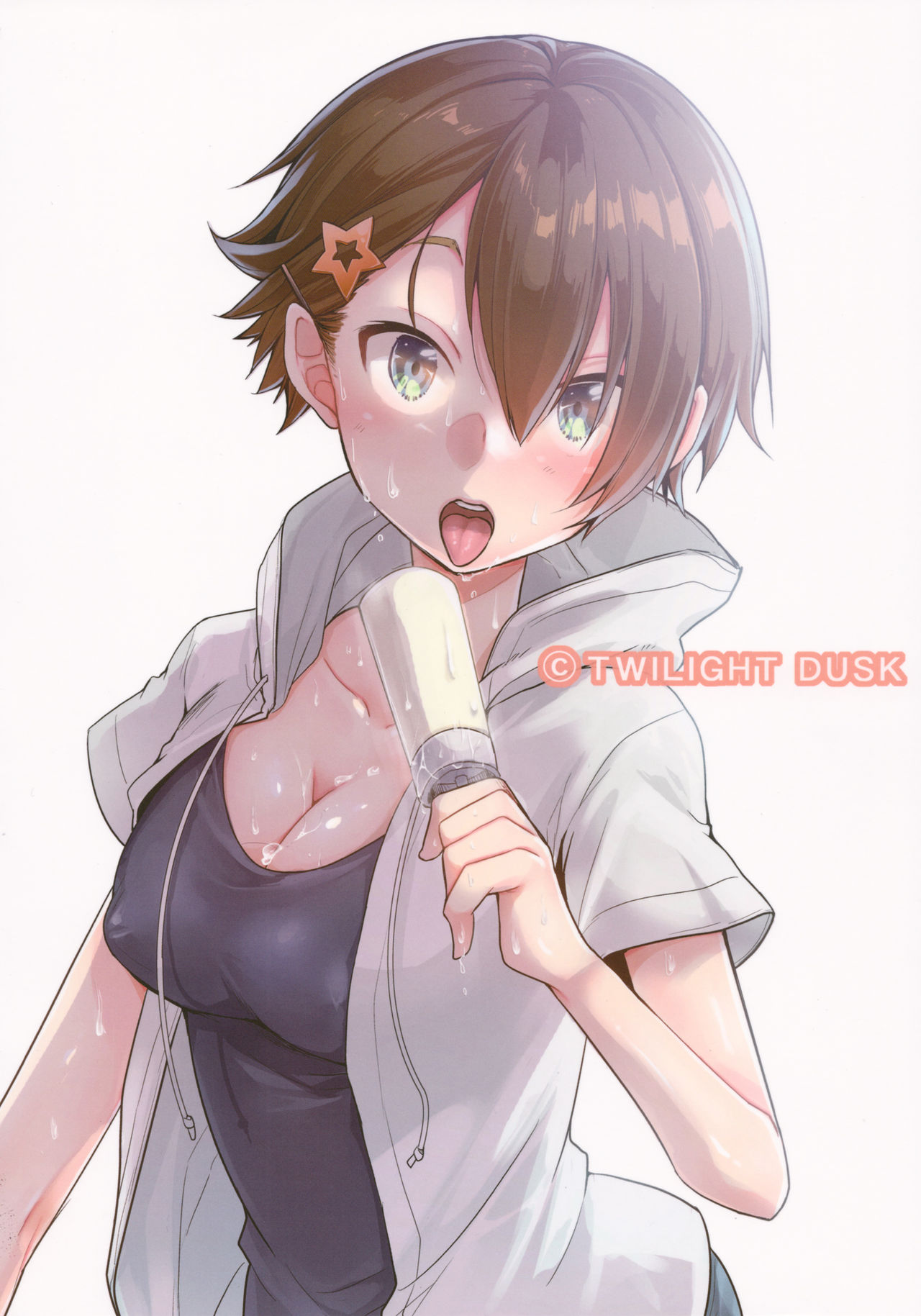 ayasisu (artist), blush, breasts, brown hair, color, doujin, doujin cover, erect nipples, female, green eyes, nipples, open mouth, original character, short hair, suggestive, sweat, tight clothing, tomboy, twilight dusk