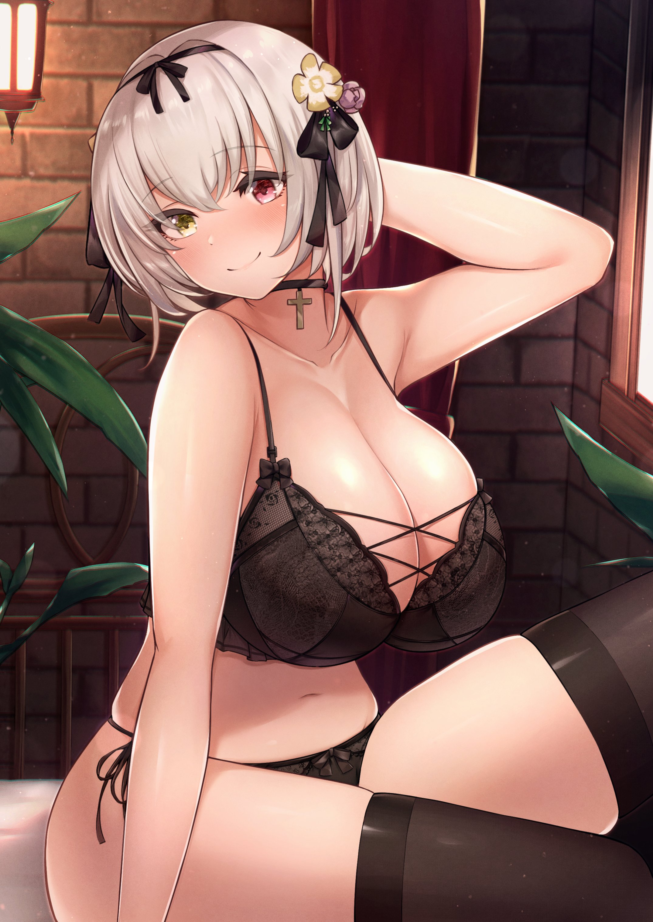 absurd res, alicia renato (yashiro sousaku), arm behind head, arm up, bangs, bare shoulders, black bow, black panties, blush, borrowed character, bow, bra, breasts, brick wall, choker, cleavage, closed mouth, collarbone, commentary request, commission, cross, cross choker, curvy, eyebrows visible through hair, female, flower, fou zi, hair between eyes, hair flower, hair ornament, hair ribbon, hairband, head tilt, heterochromia, high res, huge breasts, indoors, lace, lace bra, lace-trimmed bra, leaf, looking at viewer, navel, original, paintcan, panties, red eyes, ribbon, second-party source, short hair, silver hair, sitting, smile, stockings, thick thighs, thighs, underwear, window, yellow eyes