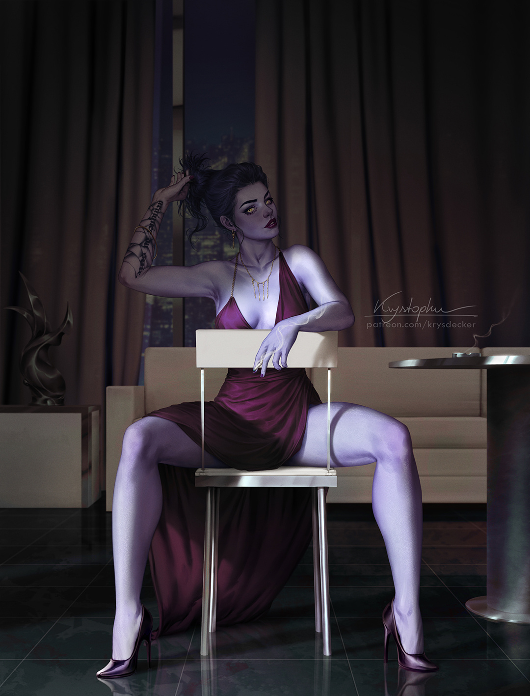 blizzard entertainment, blue skin, dress, female, female only, krysdecker, overwatch, sitting, solo, solo female, tagme, widowmaker