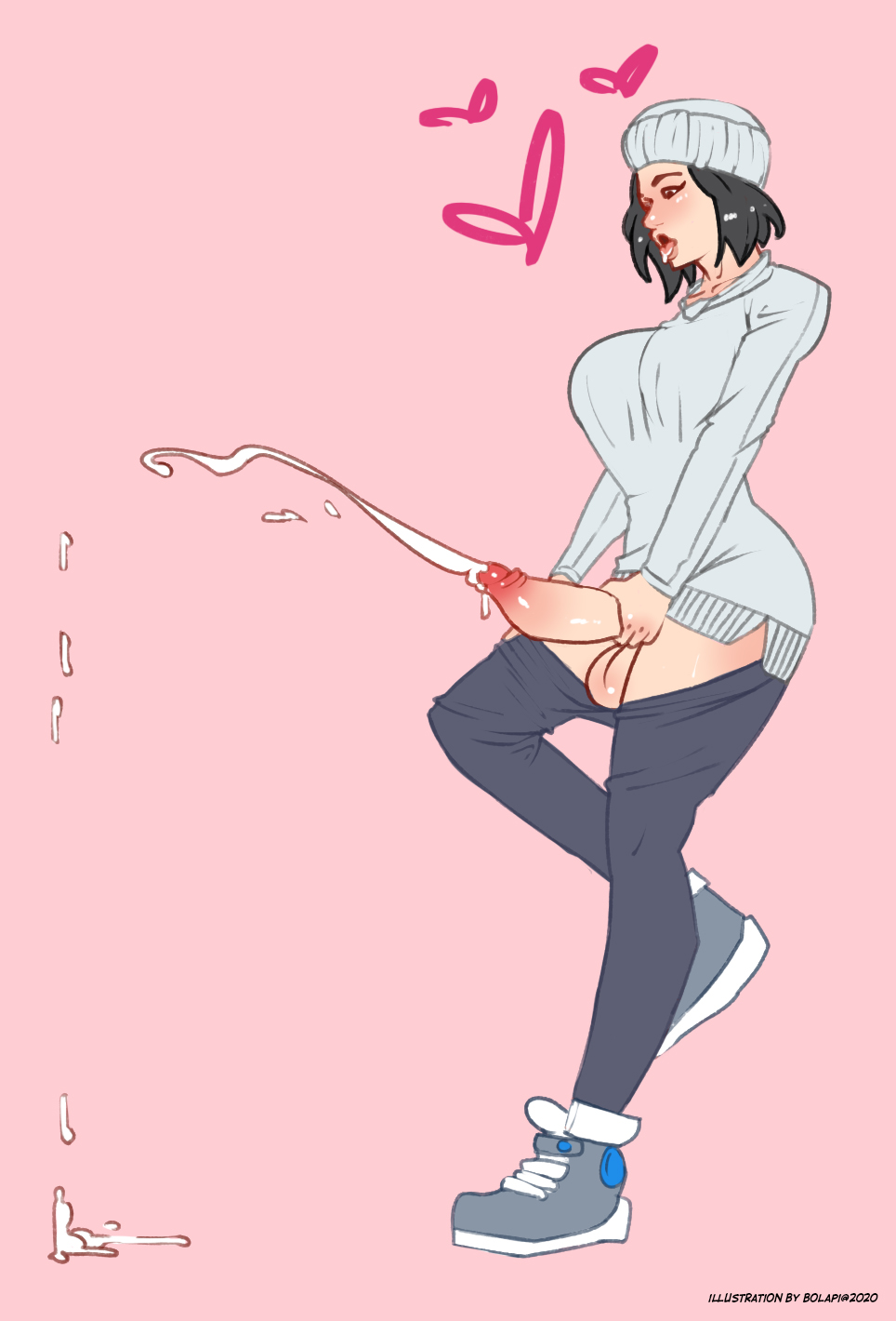 1futa, balls, big balls, big penis, black hair, blush, bolapistarize, clothing, cum, cum drip, ejaculation, excessive cum, foreskin, futa only, futanari, gaping mouth, heart, holding penis, intersex, looking at penis, no panties, orgasm, pants down, penis, projectile cum, solo, solo futa, testicles, tongue, tongue out, uncircumcised