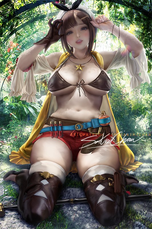 1girls, atelier (series), atelier ryza, big breasts, breasts, cleavage, female, female only, large breasts, looking at viewer, reisalin stout, sakimichan, solo, thick, thick thighs