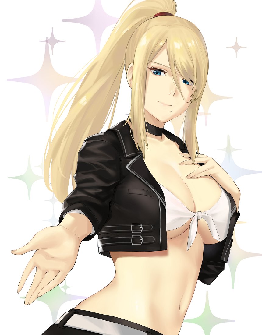 1girls, bangs, big breasts, blonde hair, blue eyes, breasts, clothed female, female, female only, inviting, j@ck, long hair, metroid, mole under mouth, navel, nintendo, ponytail, samus aran, solo, solo focus