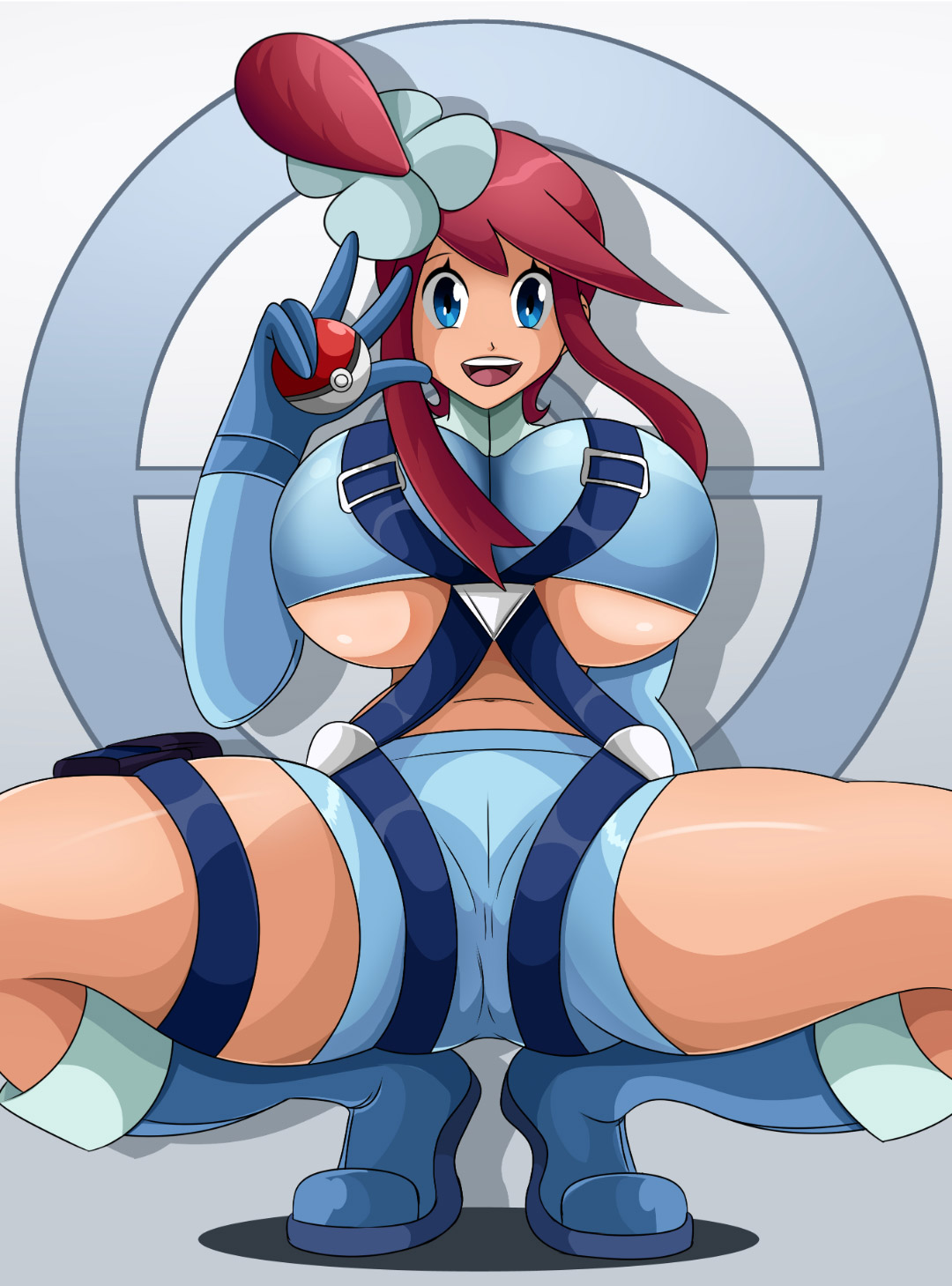 1girls, alternate breast size, ass, big breasts, blue eyes, boots, breasts, clothed female, female, female only, human, looking at viewer, nintendo, pants, pokemon, pokemon bw, pose, red hair, skyla (pokemon), smile, solo, sonson-sensei, source request, spread legs, squatting, thick thighs, tied hair, v, video games, wide hips