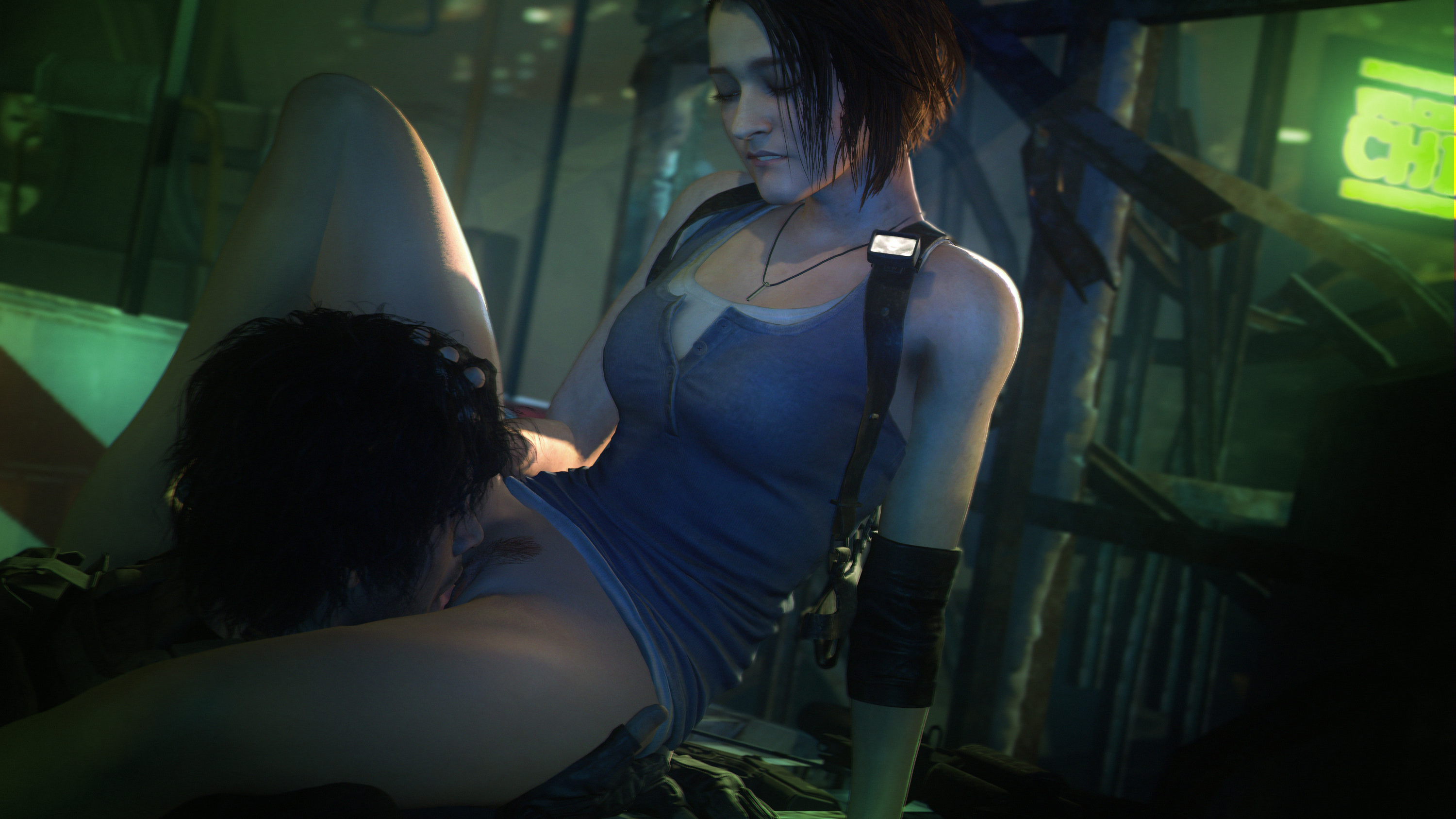 1boy, 1girls, 3d, brown hair, carlos oliveira, clothed, cunnilingus, female, horny female, interracial, jill valentine, jill valentine (sasha zotova), light skin, light-skinned female, male, partially clothed, passionate, pleasure face, pussy, resident evil, resident evil 3, resident evil 3 remake, short hair, tan-skinned male, tastytextures, vagina