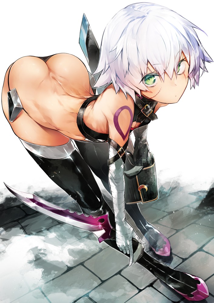 1girls ass ass_cleavage bandaged_hands bangs bare_shoulders bent_forward bikini_armor butt_crack dat_ass fate/grand_order fate_(series) female female_focus female_only fit fit_female green_eyes hair_between_eyes hi_res highres jack_the_ripper_(fate/apocrypha) light-skinned_female light_skin looking_at_viewer nishiide_kengorou outdoors outside scar scars short_hair small_breasts solo solo_female thick_ass thin_waist white_hair