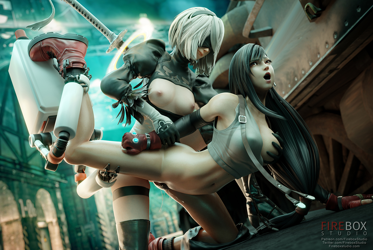 2girls, 3d, areolae, breasts, catfight, crossover, dissidia, dissidia final fantasy, female, female only, final fantasy, final fantasy vii, fireboxstudio, forced yuri, from behind, grabbing, grabbing breasts, nier: automata, nipples, penetration, pussy, rape, sex, sexfight, strap-on, strapon, tifa lockhart, vaginal penetration, wrestling, yorha 2b, yuri