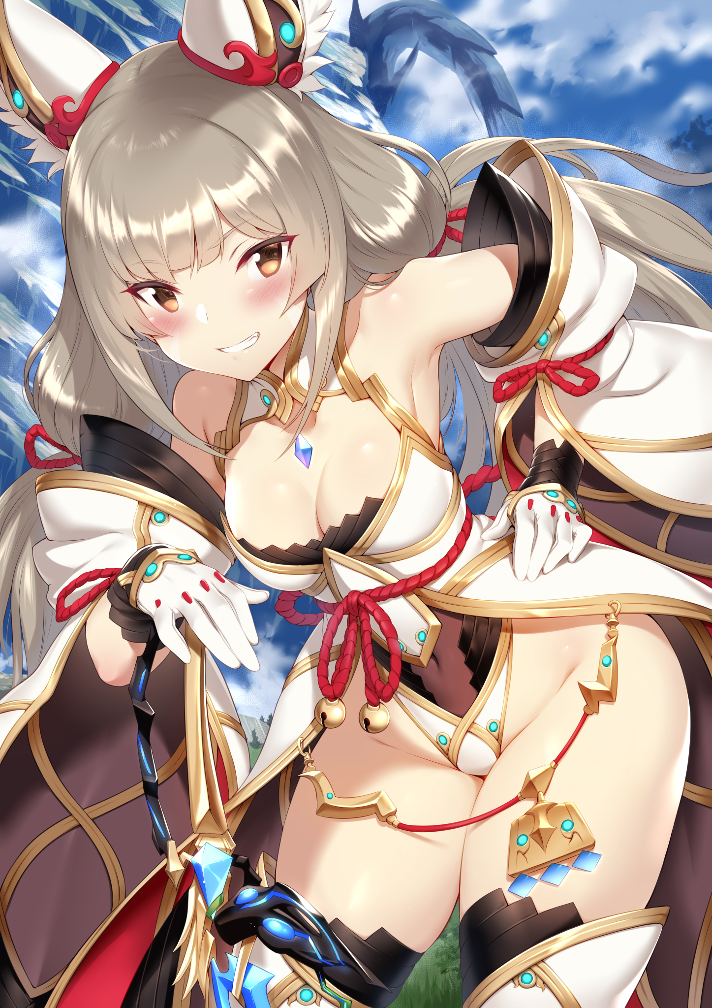 1girls, absurdres, animal ears, armpits, bangs, bare shoulders, bell, blue sky, blush, breasts, brown eyes, brown hair, cleavage, cleavage cutout, cloud, cloudy sky, covered navel, cowboy shot, day, detached sleeves, eyebrows visible through hair, facial mark, female, gloves, grin, hair ribbon, hand on hip, highres, jingle bell, leaning forward, leotard, long hair, looking at viewer, low twintails, m-da s-tarou, medium breasts, navel, nia, nia (blade), nia (xenoblade), nintendo, older, outdoors, ribbon, see-through, sidelocks, sky, smile, solo, solo female, spoilers, standing, thighhighs, thighs, twintails, white gloves, white legwear, wide sleeves, xenoblade (series), xenoblade chronicles 2