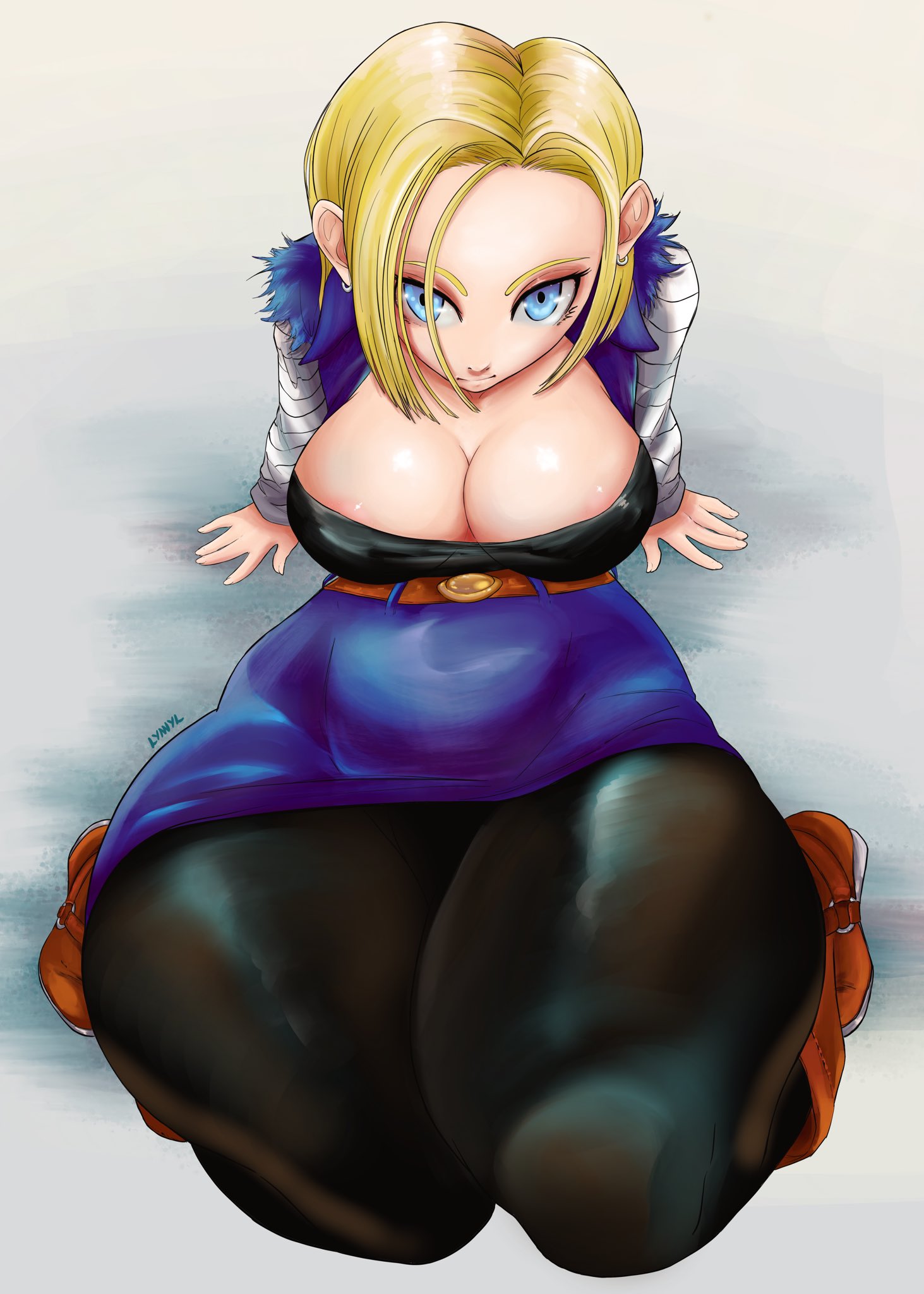 android, android 18, big breasts, blonde hair, blue eyes, bob cut, boots, breasts, cleavage, dragon ball, dragon ball z, female, female focus, female only, lyn nyl, mature female, noblood, short hair, solo, solo female, solo focus, source request, thick thighs, thighs, year request
