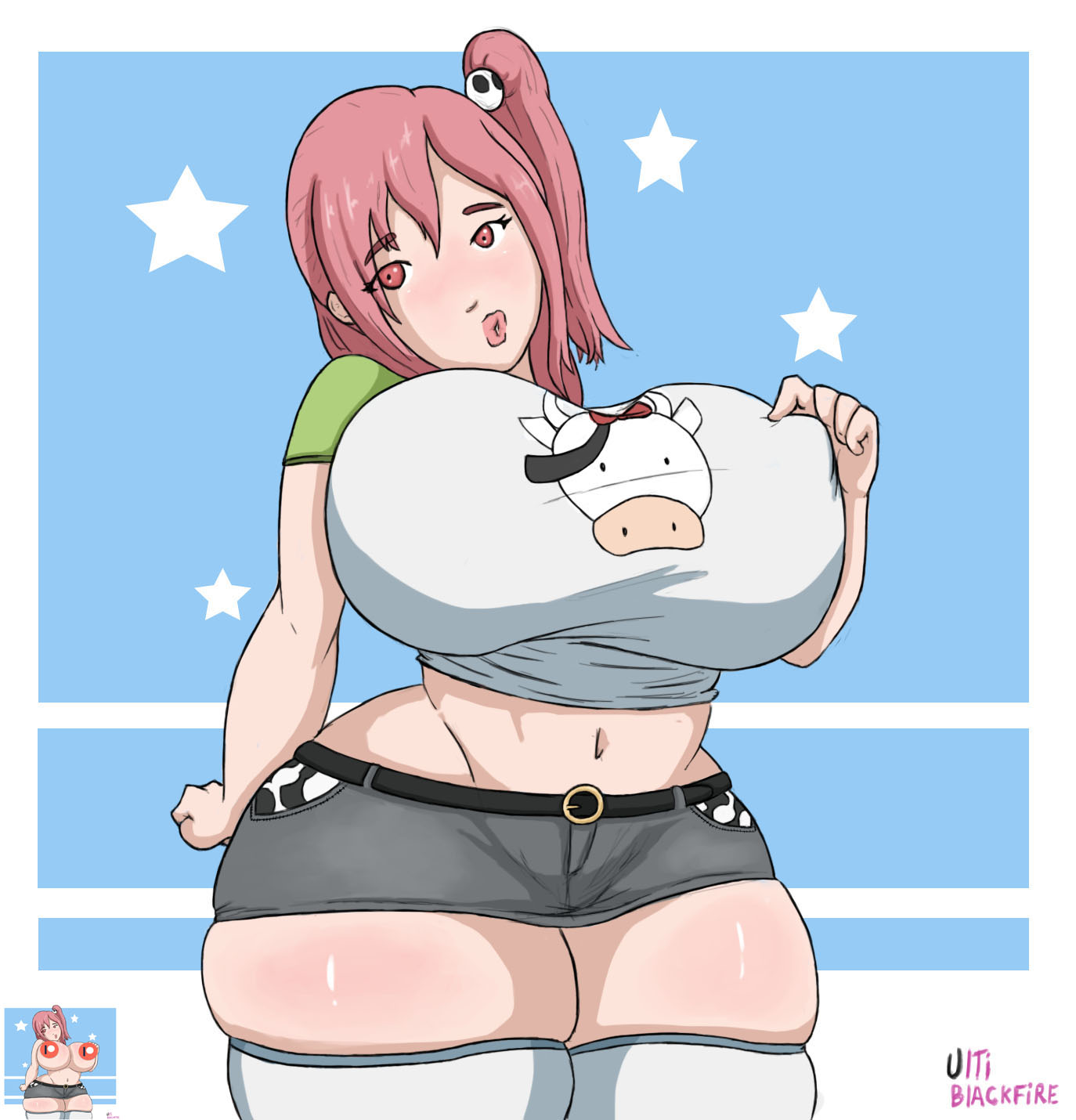 1girls, big breasts, breasts, dead or alive, female, female only, honoka (doa), huge breasts, miniskirt, patreon, pink eyes, pink hair, skirt, solo, solo female, t-shirt, thick thighs, thighhighs, tshirt, ultiblackfire, watermark