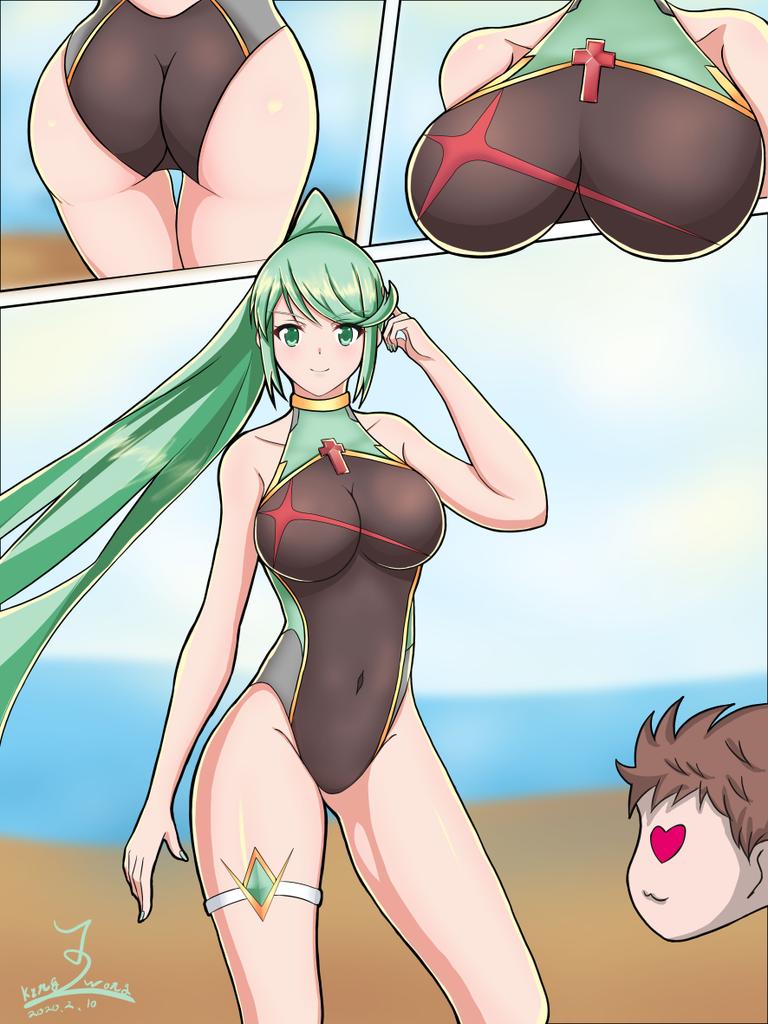 1boy, 1girls, armor, ass, blush, breasts, brown hair, competition swimsuit, female, gem, green eyes, green hair, headpiece, heart, heart eyes, jewelry, large breasts, long hair, looking at viewer, louise (ydgv2724), male, matching hair/eyes, nail polish, nintendo, one-piece swimsuit, pneuma (xenoblade), ponytail, pose, rex (xenoblade), shoulder armor, smile, spoilers, standing, swimsuit, thigh strap, thighs, tiara, very long hair, wings, xenoblade (series), xenoblade chronicles 2